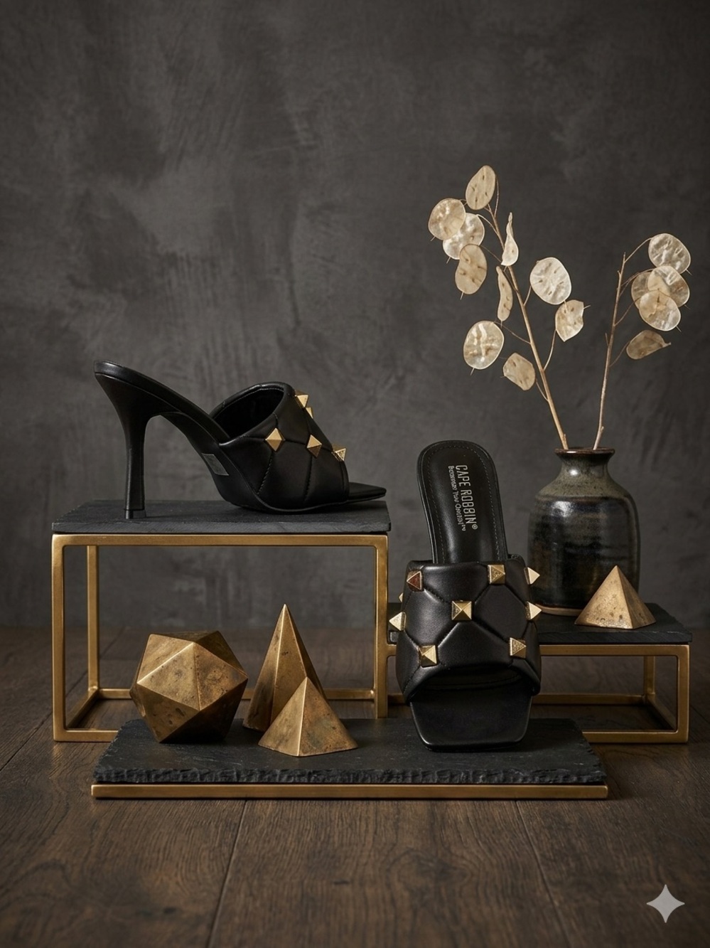 Cape Robbin Black and Gold Studded Mules